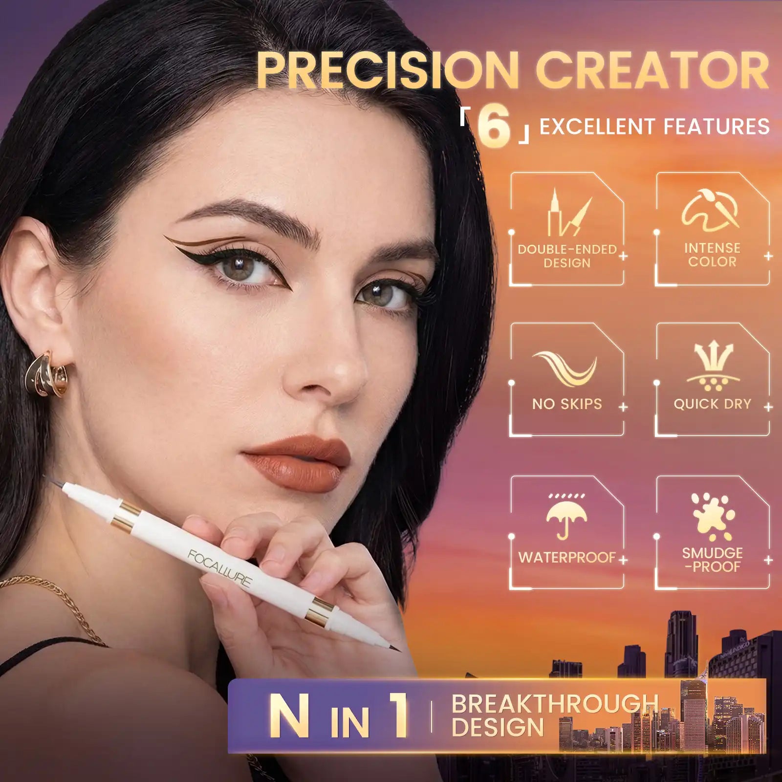 FOCALLURE #AmberGold Precision Creator Double-ended Waterproof Liquid Eyeliner 2-in-1
